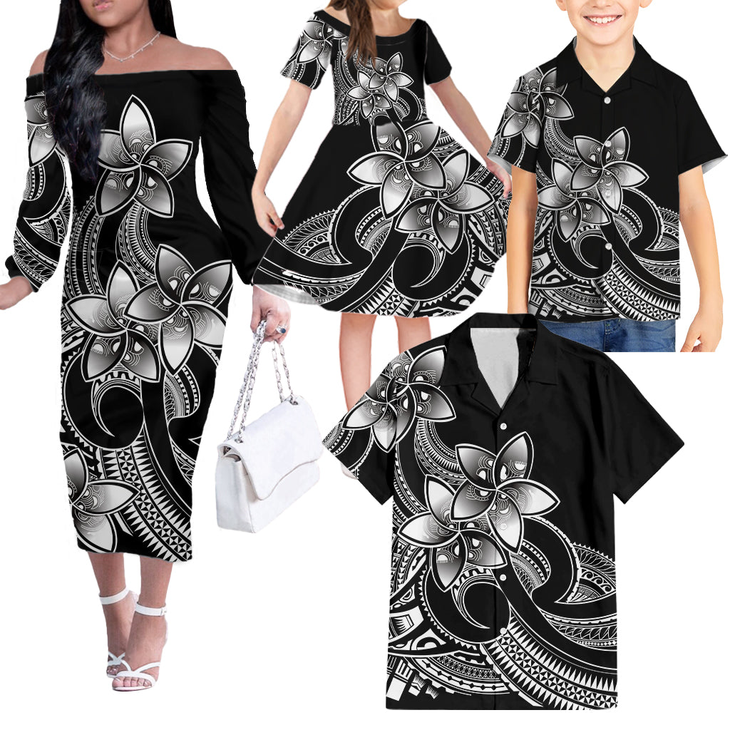 Polynesian Matching Outfit For Family Plumeria Flowers Off Shoulder Long Sleeve Dress Hawaiian Shirt Polynesian Tribal White Vibe LT9 - Polynesian Pride