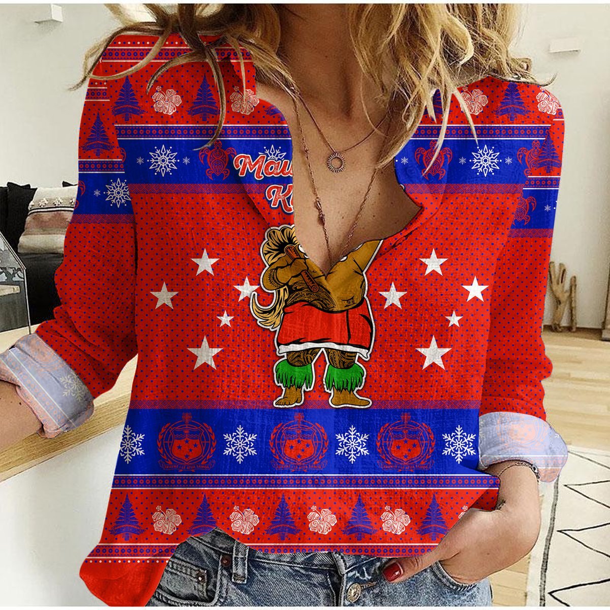 Samoa Christmas -Maunia Le Kilisimasi Santa Polynesia Tatoo Women Casual Shirt - LT2 - Polynesian Pride