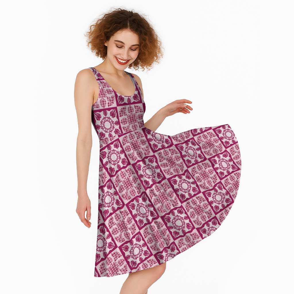 Akala Palaka Quilt Hawaii Midi Dress Hawaiian Tropical Monstera Sea Turtle