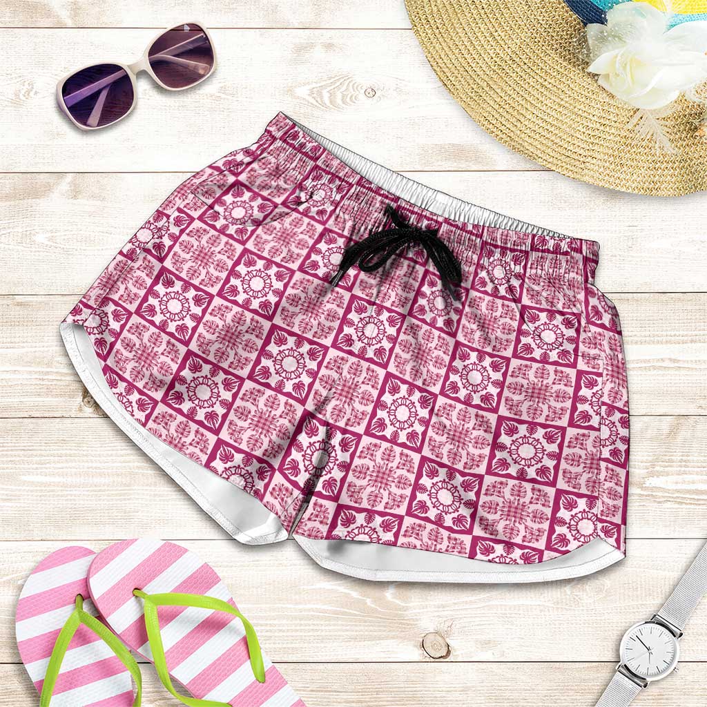 Akala Palaka Quilt Hawaii Shorts for Women Hawaiian Tropical Monstera Sea Turtle