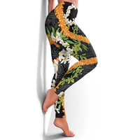 Aloha Festive Hawaii Leggings Mokihana - Maile and Ilima on Black - Polynesian Pride