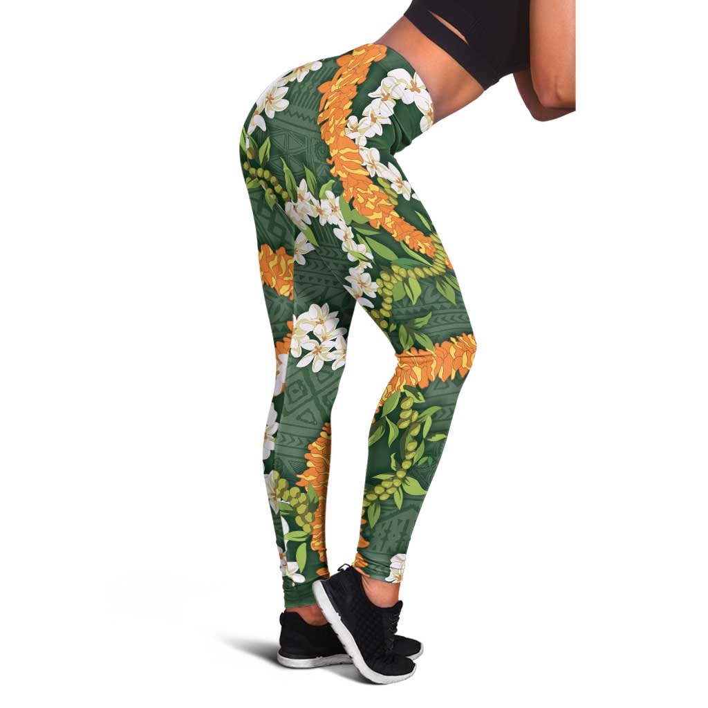 Aloha Festive Hawaii Leggings Mokihana - Maile and Ilima on Forest Green - Polynesian Pride
