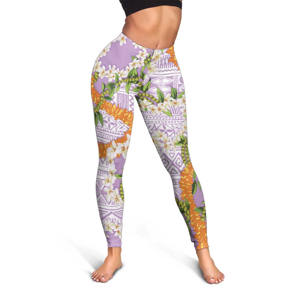 Aloha Festive Hawaii Leggings Mokihana - Maile and Ilima on Lilac - Polynesian Pride