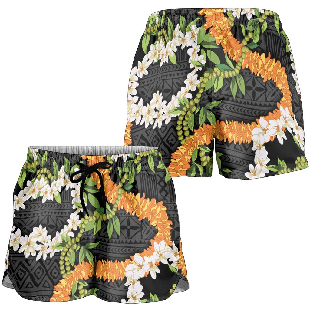 Aloha Festive Hawaii Shorts for Women Mokihana - Maile and Ilima on Black - Polynesian Pride