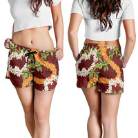 Aloha Festive Hawaii Shorts for Women Mokihana - Maile and Ilima on Crimson - Polynesian Pride