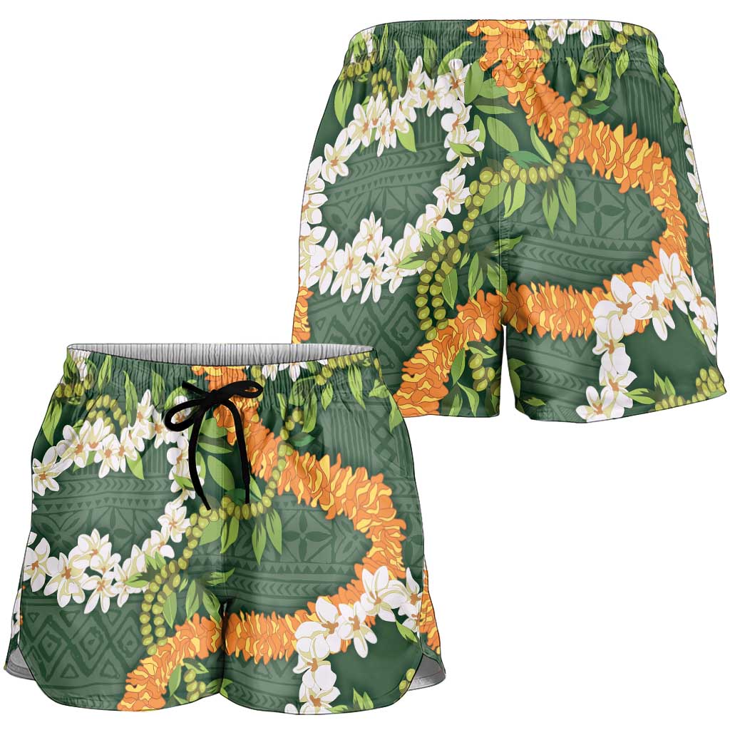 Aloha Festive Hawaii Shorts for Women Mokihana - Maile and Ilima on Forest Green - Polynesian Pride