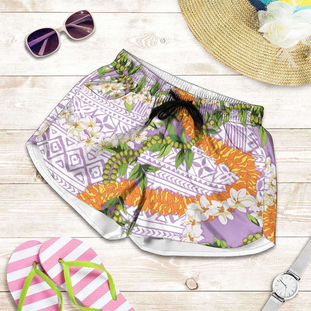 Aloha Festive Hawaii Shorts for Women Mokihana - Maile and Ilima on Lilac - Polynesian Pride