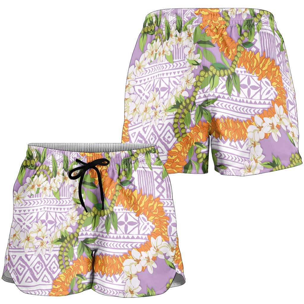 Aloha Festive Hawaii Shorts for Women Mokihana - Maile and Ilima on Lilac - Polynesian Pride