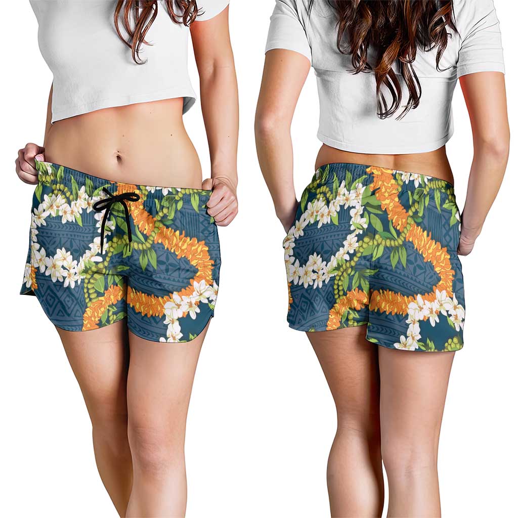 Aloha Festive Hawaii Shorts for Women Mokihana - Maile and Ilima on Navy Blue - Polynesian Pride