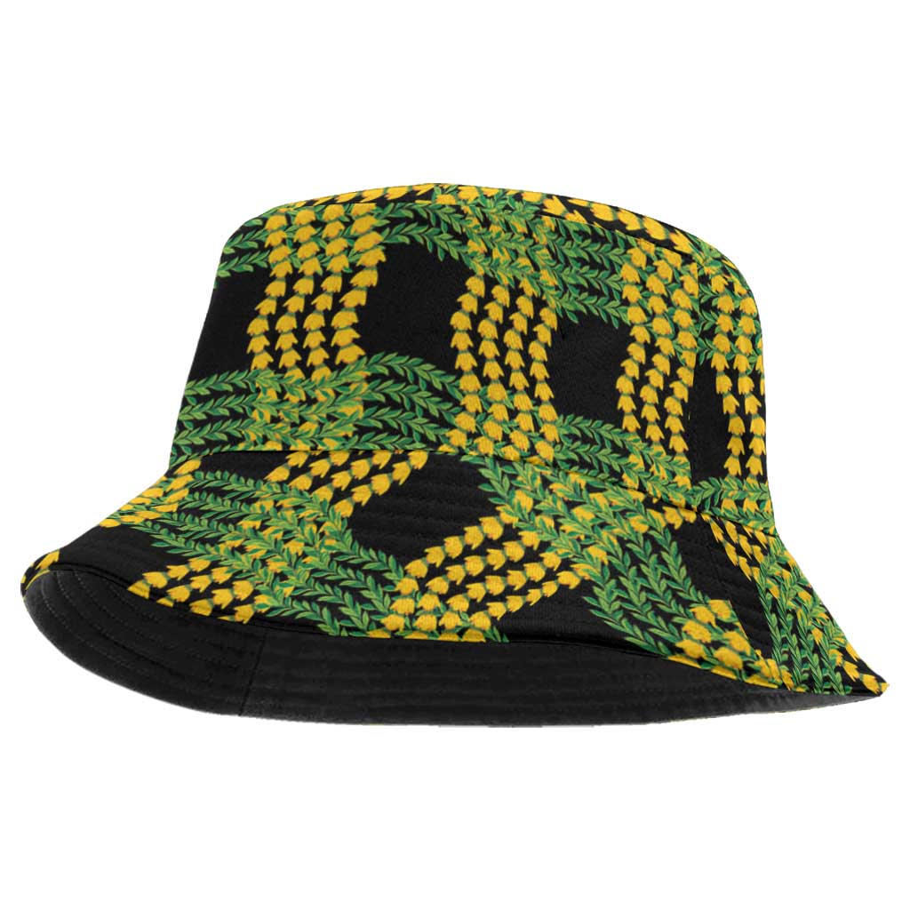 Aloha Hawaii Ilima Maile Lei Bucket Hat Palaka Inspired Hawaiian-plaid Black