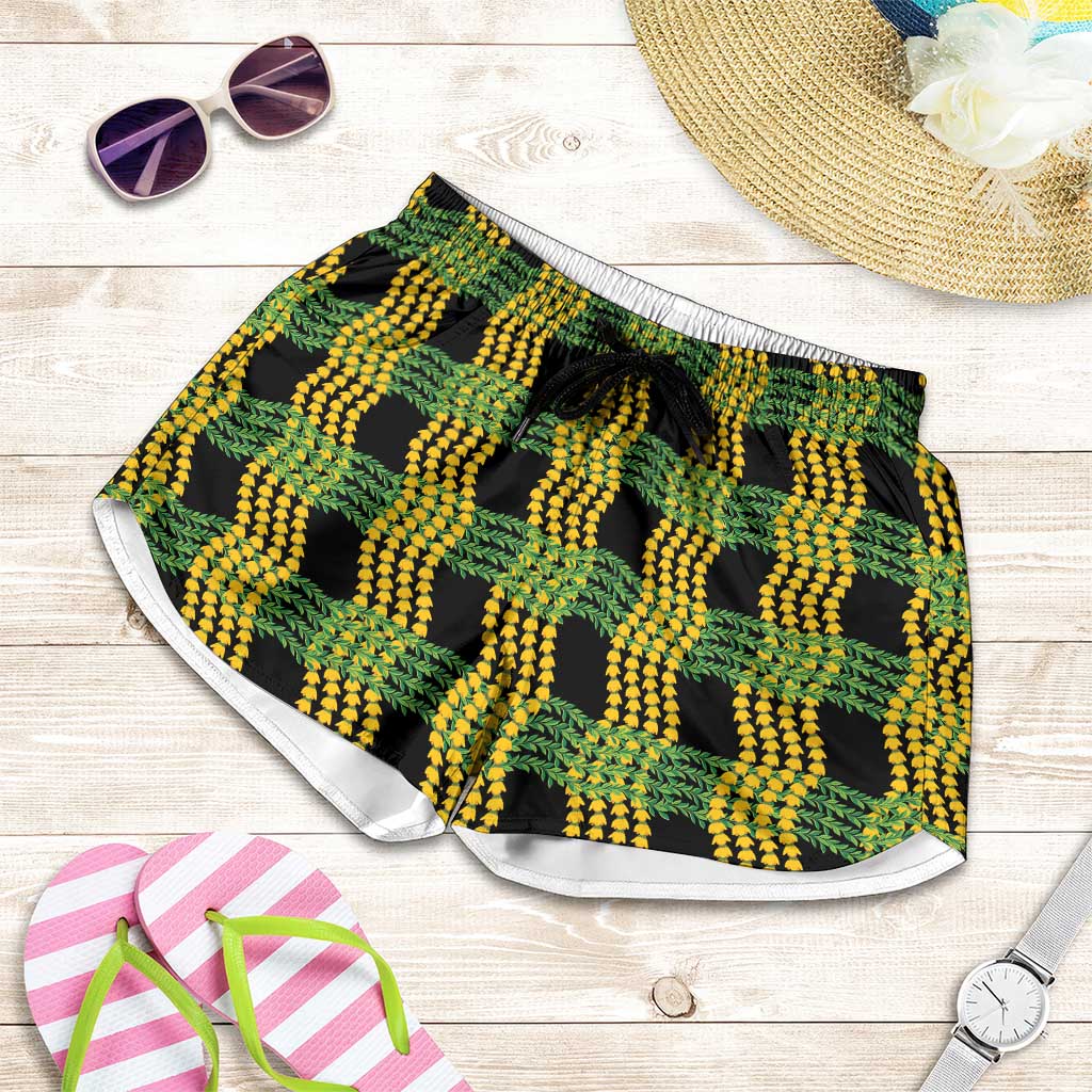 Aloha Hawaii Ilima Maile Lei Shorts for Women Palaka Inspired Hawaiian-plaid Black LT14 Black - Polynesian Pride
