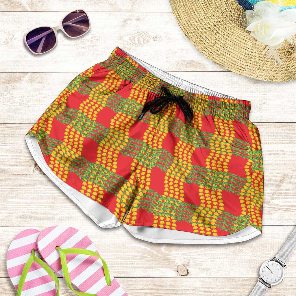 Aloha Hawaii Ilima Maile Lei Shorts for Women Palaka Inspired Hawaiian-plaid Red LT14 Red - Polynesian Pride