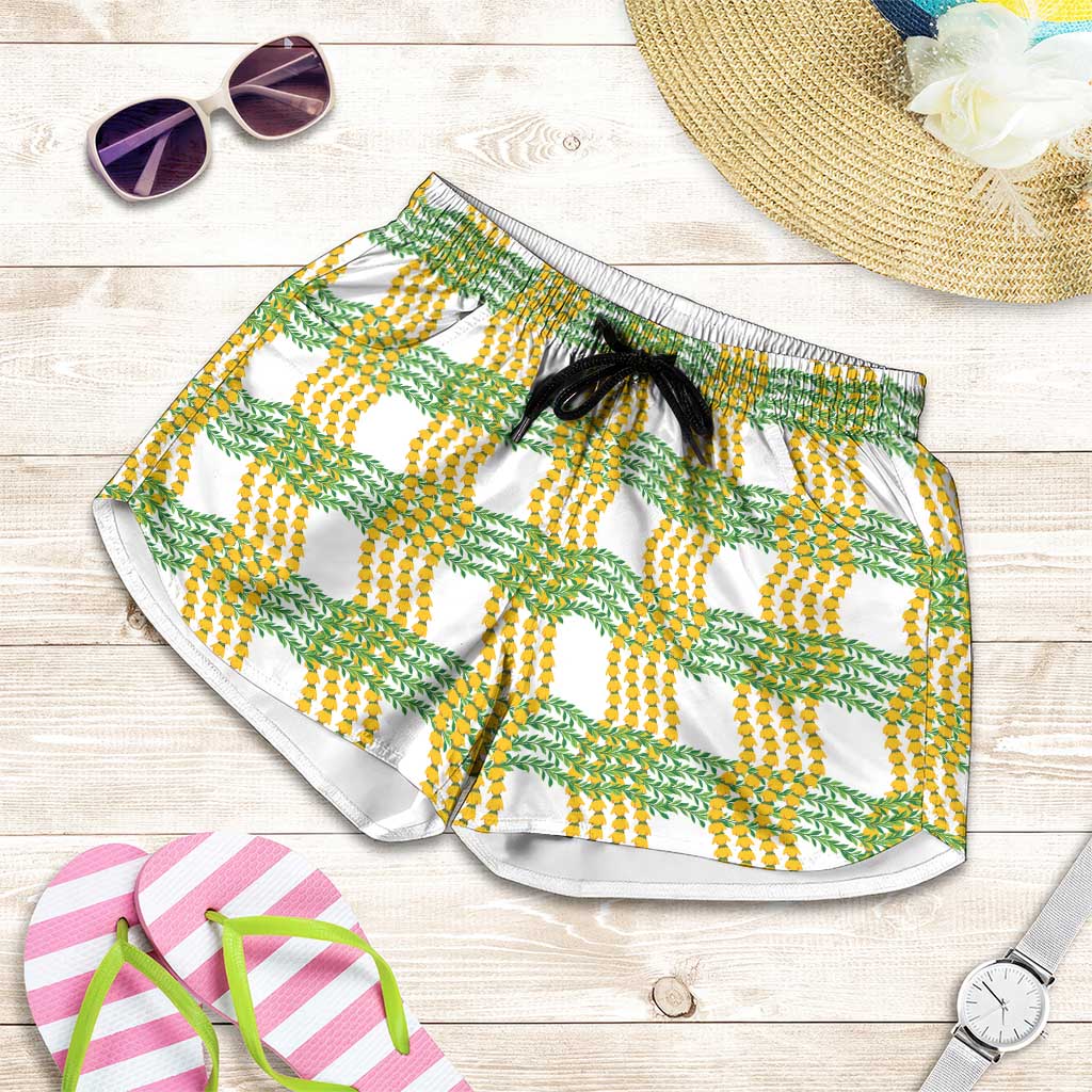 Aloha Hawaii Ilima Maile Lei Shorts for Women Palaka Inspired Hawaiian-plaid White LT14 White - Polynesian Pride
