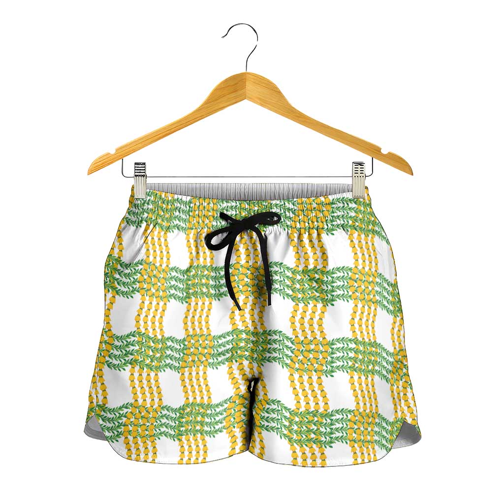 Aloha Hawaii Ilima Maile Lei Shorts for Women Palaka Inspired Hawaiian-plaid White