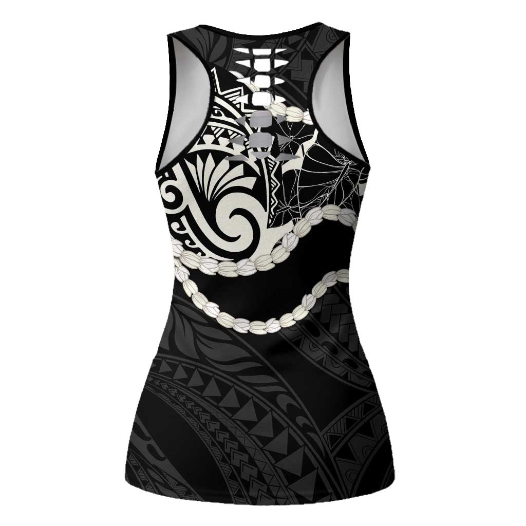 Aloha Hawaii Kalo Pikake Lei Hollow Tank Top Chest Tattoo Black Hawaiian Pattern