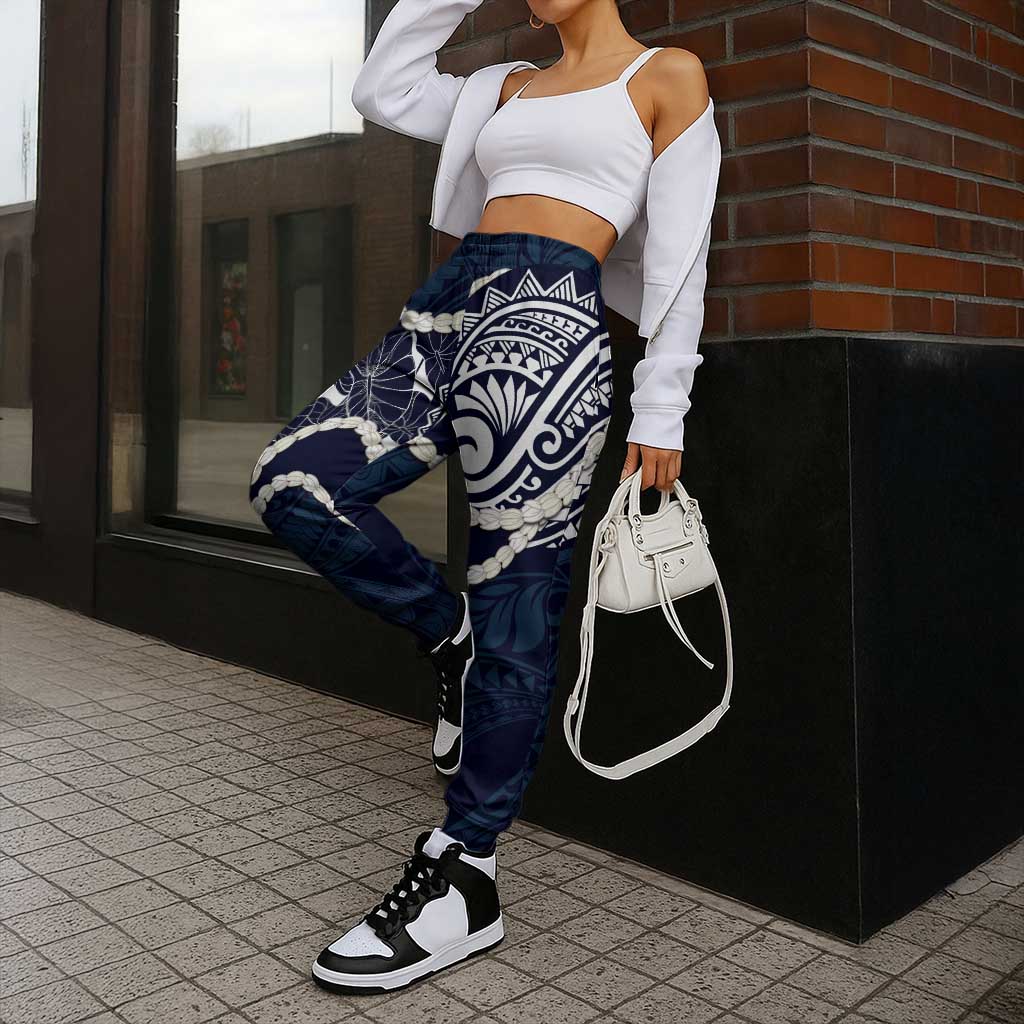 Aloha Hawaii Kalo Pikake Lei Jogger Pants Chest Tattoo Oxford Blue Hawaiian Pattern