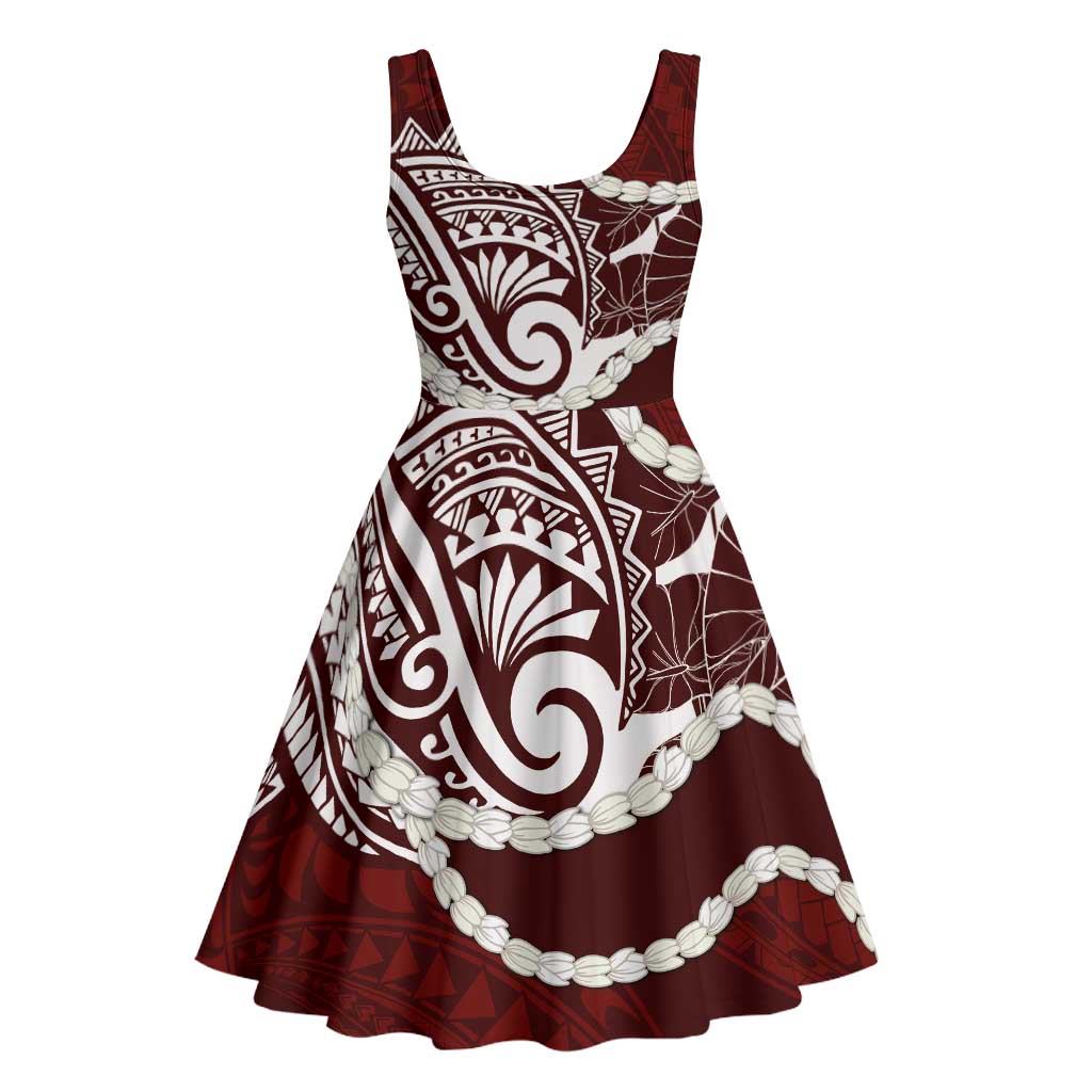 Aloha Hawaii Kalo Pikake Lei Midi Dress Chest Tattoo Oxblood Hawaiian Pattern