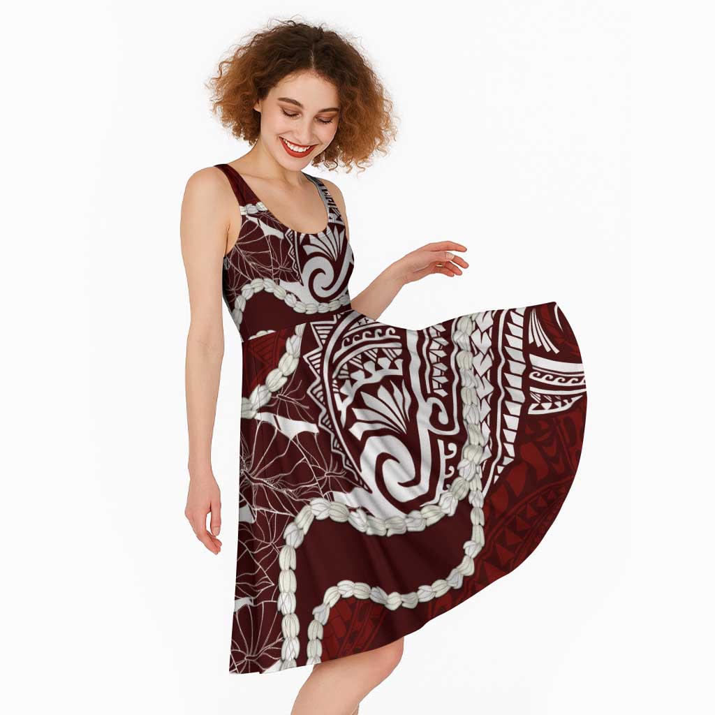 Aloha Hawaii Kalo Pikake Lei Midi Dress Chest Tattoo Oxblood Hawaiian Pattern