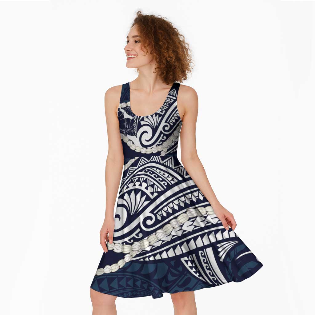 Aloha Hawaii Kalo Pikake Lei Midi Dress Chest Tattoo Oxford Blue Hawaiian Pattern