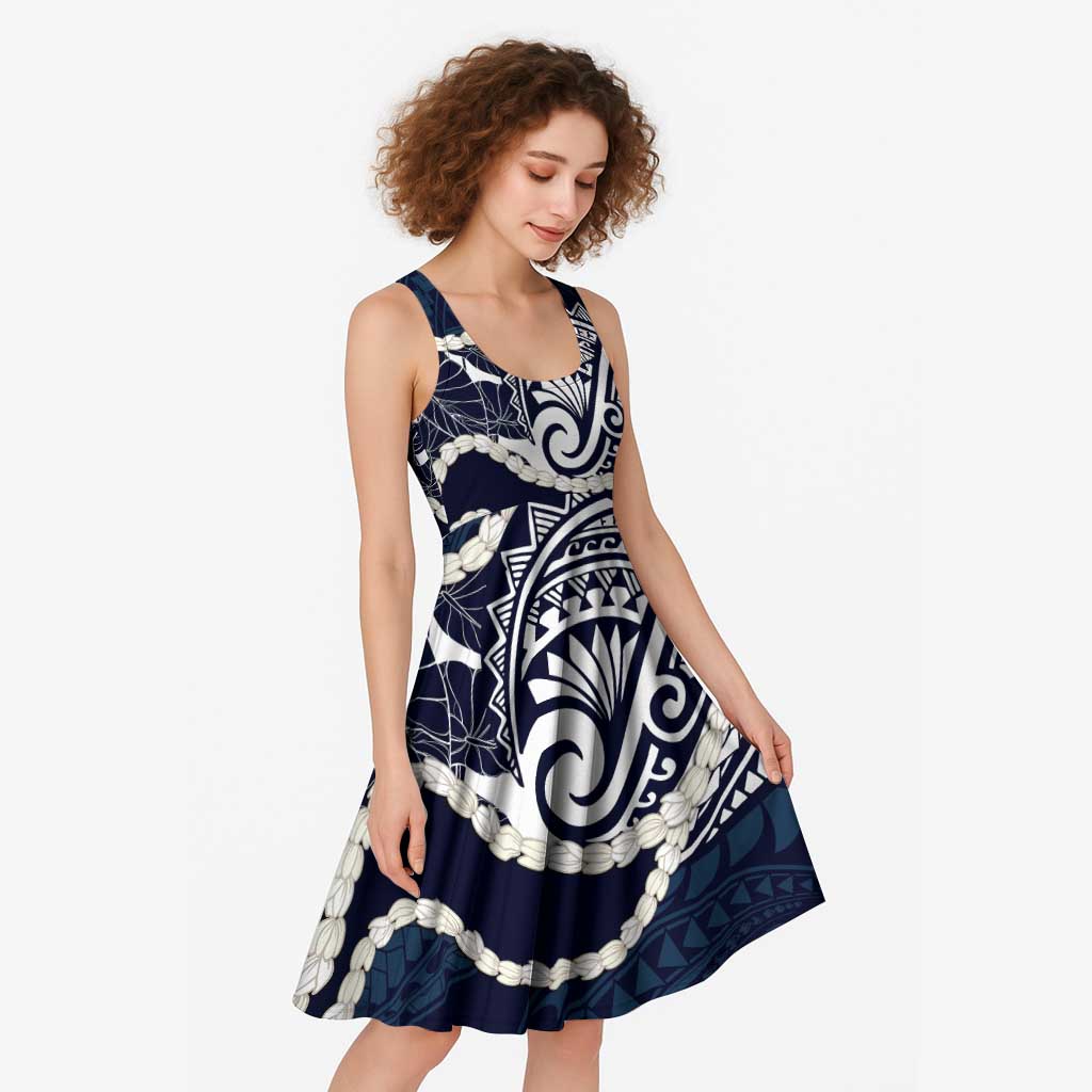 Aloha Hawaii Kalo Pikake Lei Midi Dress Chest Tattoo Oxford Blue Hawaiian Pattern