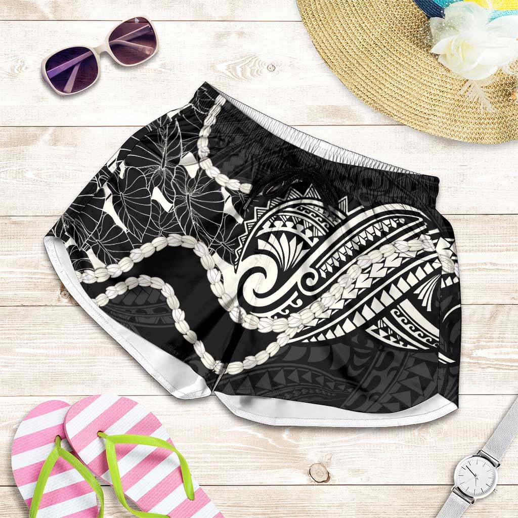 Aloha Hawaii Kalo Pikake Lei Shorts for Women Chest Tattoo Black Hawaiian Pattern
