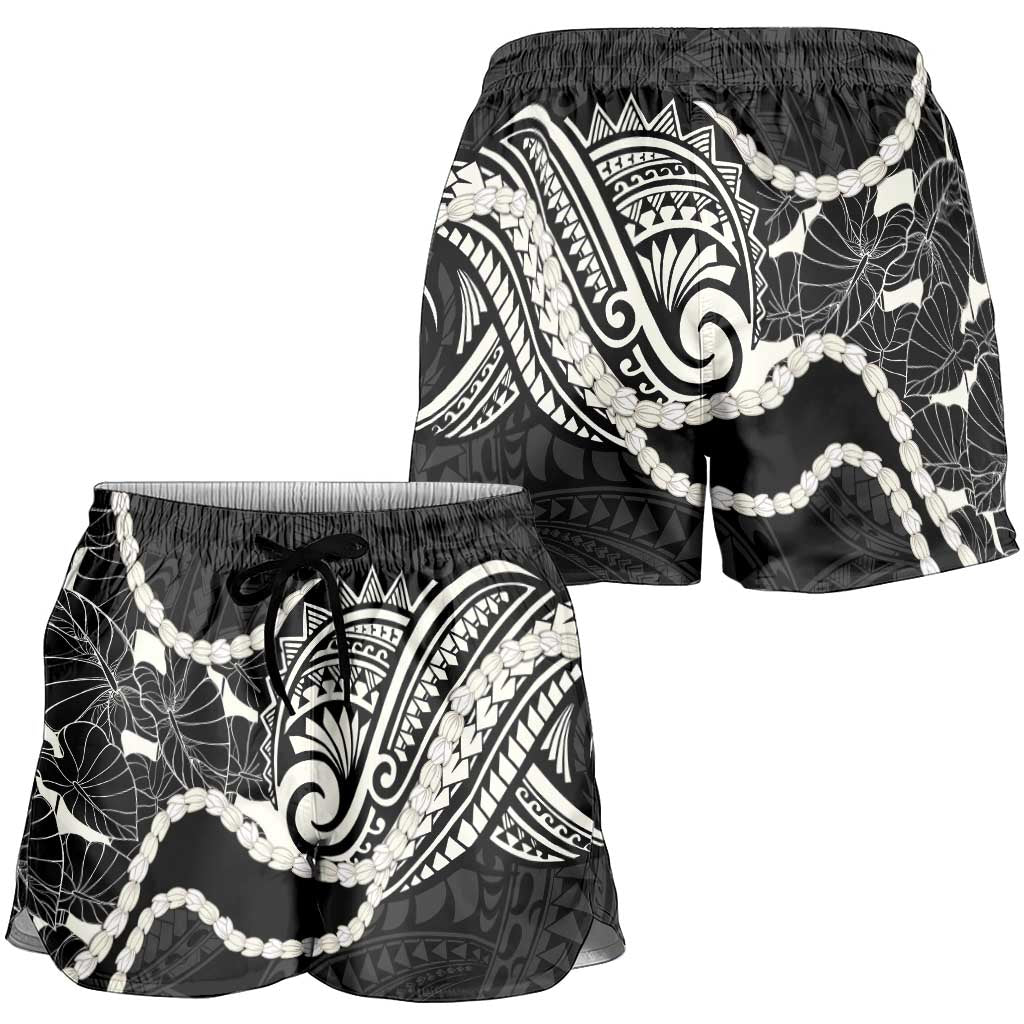 Aloha Hawaii Kalo Pikake Lei Shorts for Women Chest Tattoo Black Hawaiian Pattern