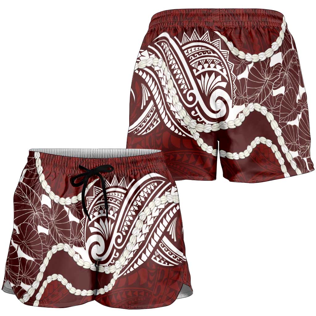 Aloha Hawaii Kalo Pikake Lei Shorts for Women Chest Tattoo Oxblood Hawaiian Pattern