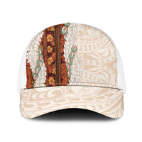 Aloha Hawaii Mikioi Lei Baseball Net Cap Beige Tropical Flower Pattern - Polynesian Pride