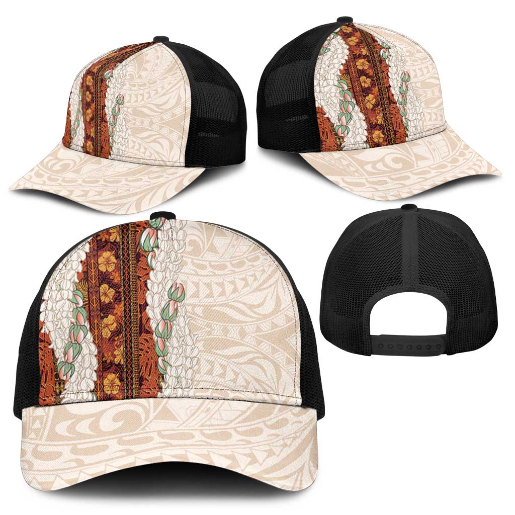 Aloha Hawaii Mikioi Lei Baseball Net Cap Beige Tropical Flower Pattern - Polynesian Pride