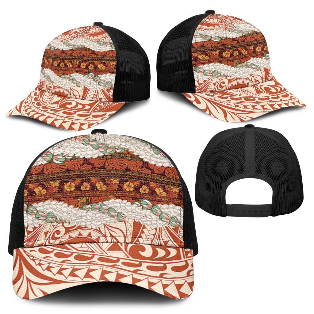 Aloha Hawaii Mikioi Lei Baseball Net Cap Cattail Red Tropical Flower Pattern - Polynesian Pride