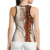 Aloha Hawaii Mikioi Lei Hollow Tank Top Beige Tropical Flower Pattern - Polynesian Pride