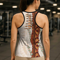 Aloha Hawaii Mikioi Lei Hollow Tank Top Beige Tropical Flower Pattern - Polynesian Pride