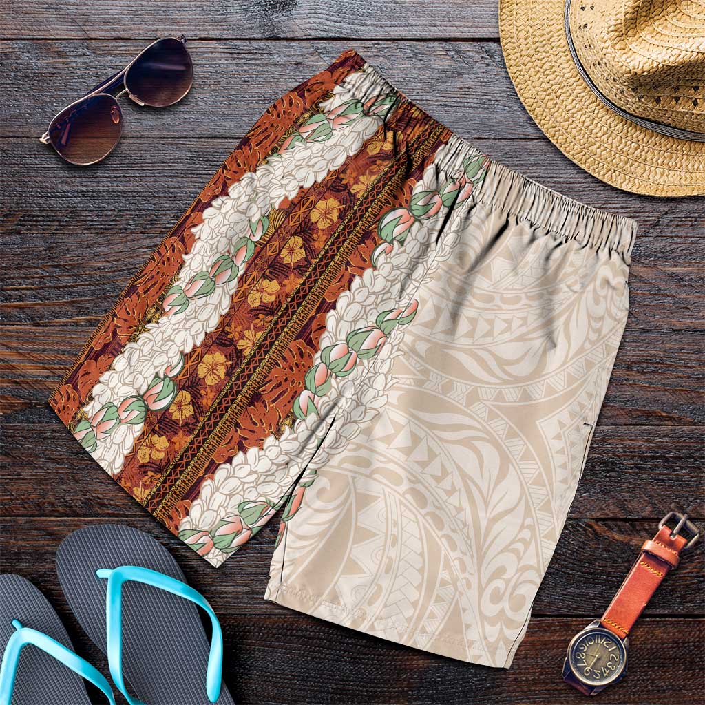 Aloha Hawaii Mikioi Lei Shorts for Men Beige Tropical Flower Pattern - Polynesian Pride