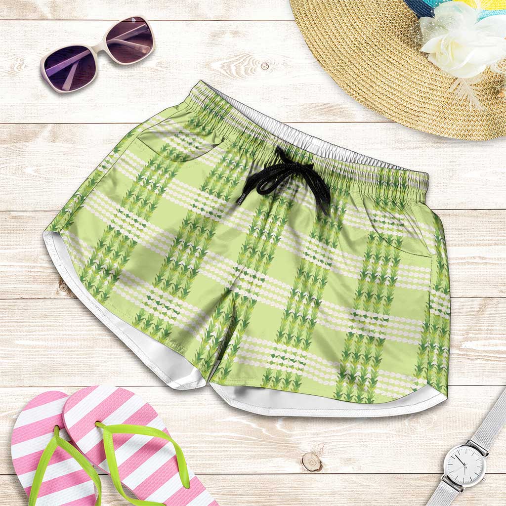 Aloha Hawaii Pakalana Pikake Lei Shorts for Women Palaka Inspired Hawaiian-plaid Pastel Green