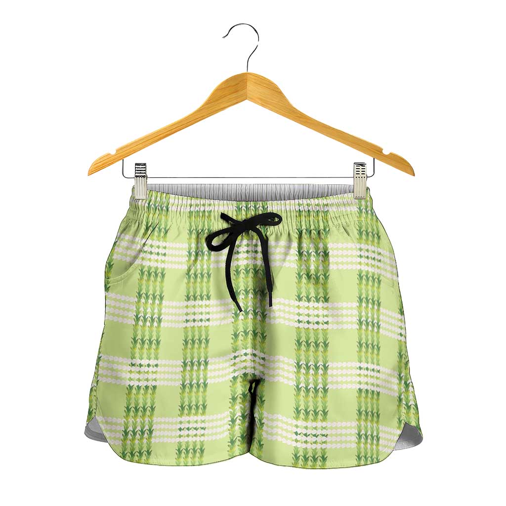 Aloha Hawaii Pakalana Pikake Lei Shorts for Women Palaka Inspired Hawaiian-plaid Pastel Green