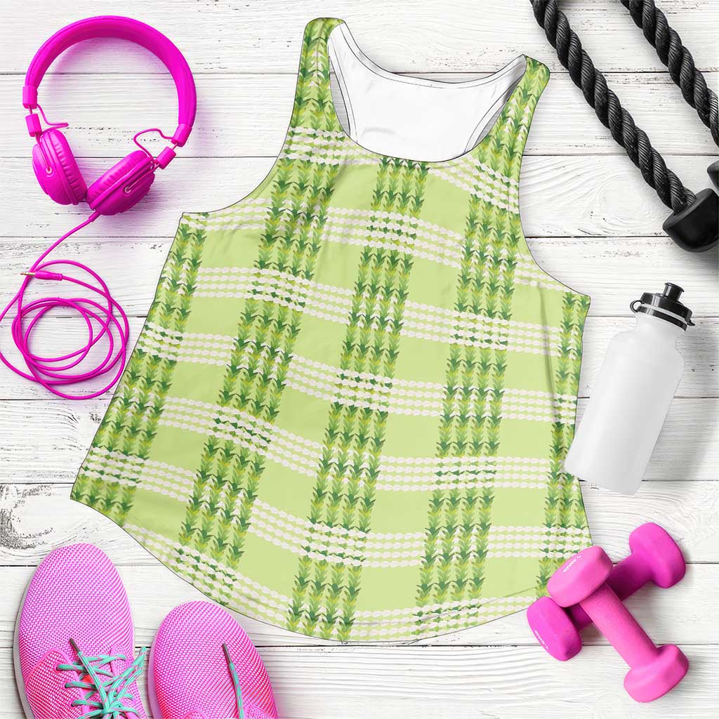 Aloha Hawaii Pakalana Pikake Lei Women Racerback Tank Palaka Inspired Hawaiian-plaid Pastel Green