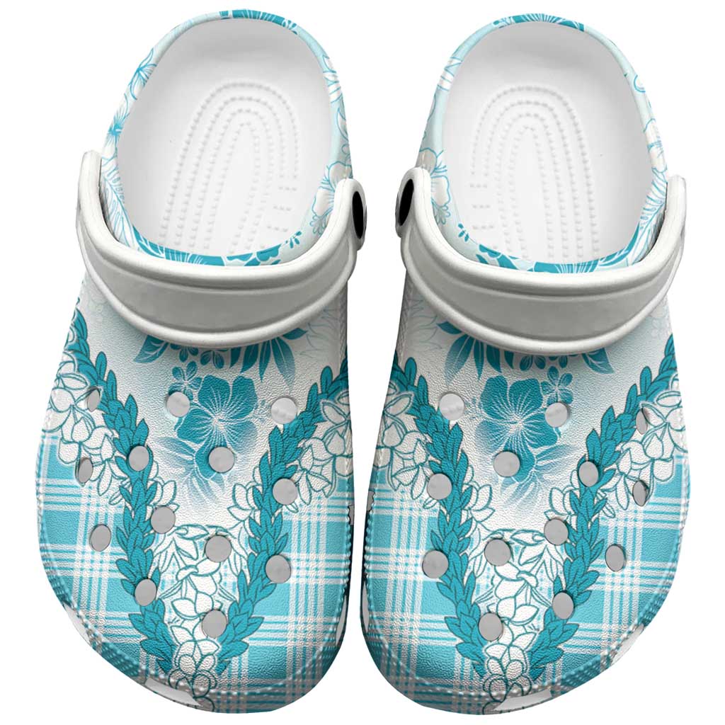 Aloha Hawaii Palaka Clogs Shoes Blue Plumeria Lei