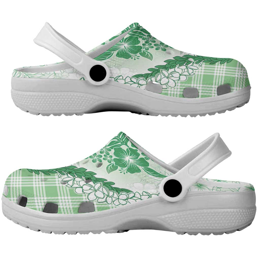 Aloha Hawaii Palaka Clogs Shoes Green Plumeria Lei