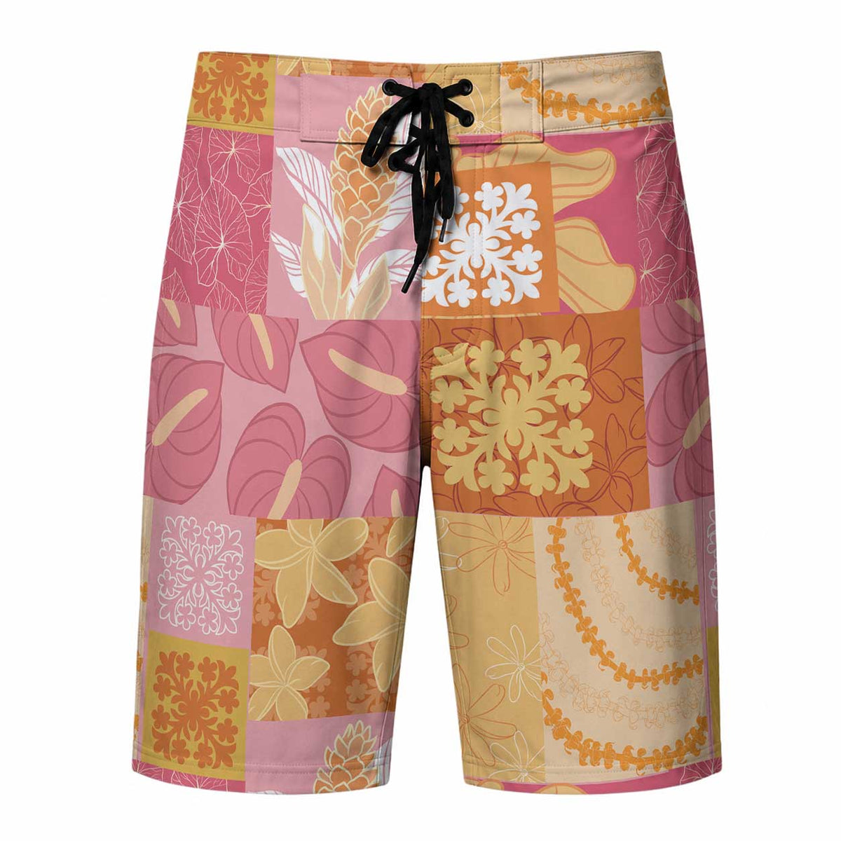 Aloha Hawaii Quilt Floral Patchwork Style Board Shorts