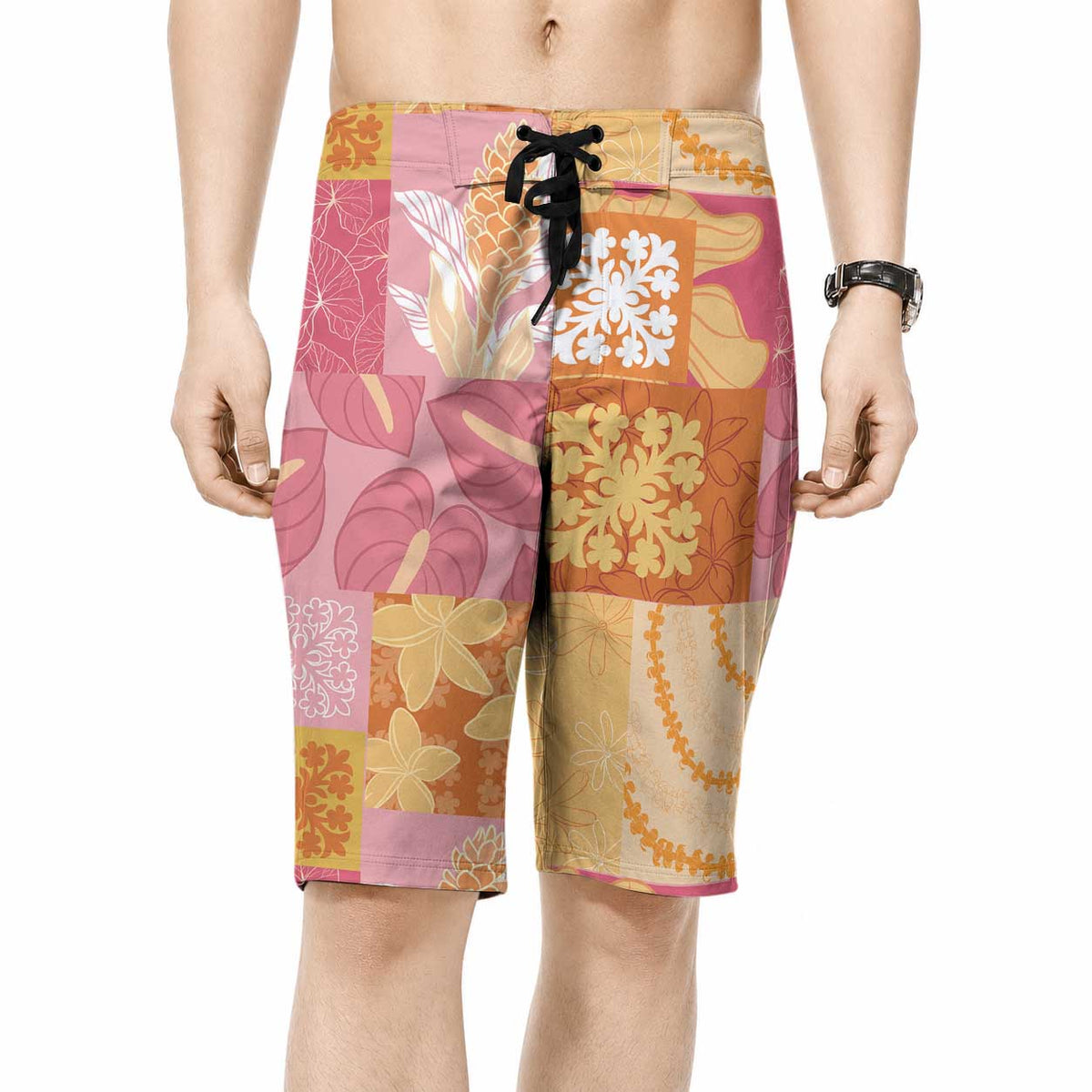 Aloha Hawaii Quilt Floral Patchwork Style Board Shorts