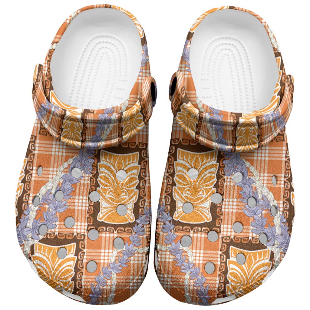 Aloha Hawaii Tiki Palaka Motifs Clogs Shoes Honohono Lei Orange Elegant Vibes LT14 Orange - Polynesian Pride