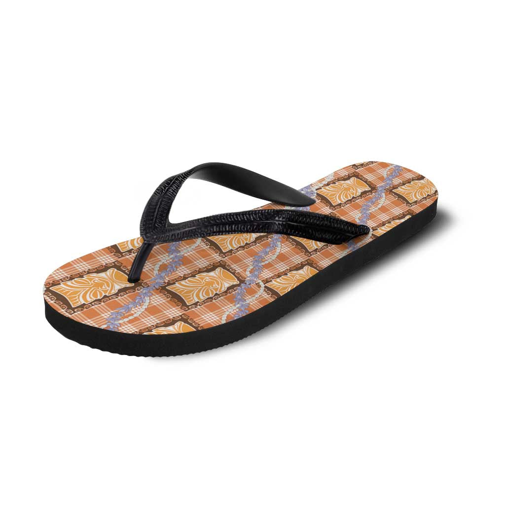 Aloha Hawaii Tiki Palaka Motifs Flip Flops Honohono Lei Orange Elegant Vibes LT14 - Polynesian Pride