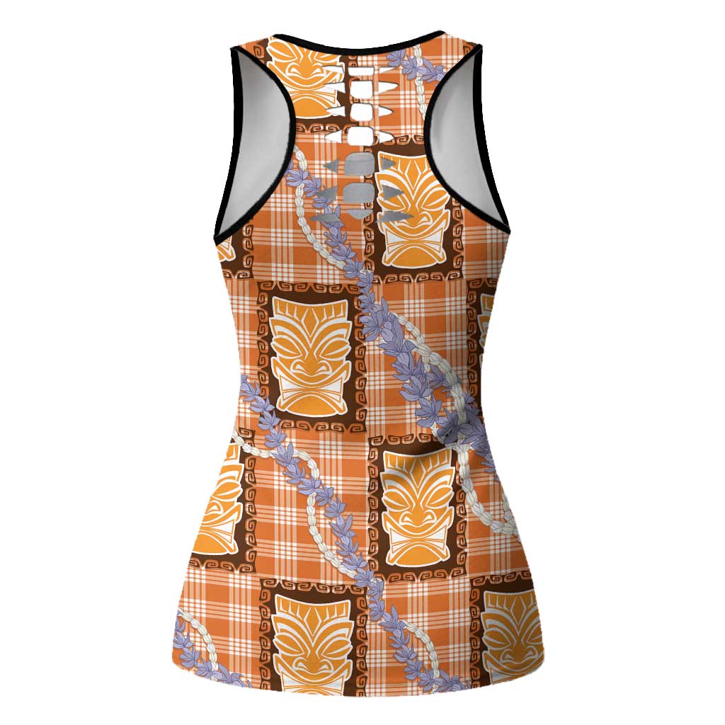 Aloha Hawaii Tiki Palaka Motifs Hollow Tank Top Honohono Lei Orange Elegant Vibes LT14 - Polynesian Pride