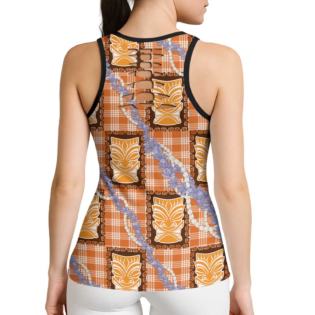 Aloha Hawaii Tiki Palaka Motifs Hollow Tank Top Honohono Lei Orange Elegant Vibes LT14 - Polynesian Pride