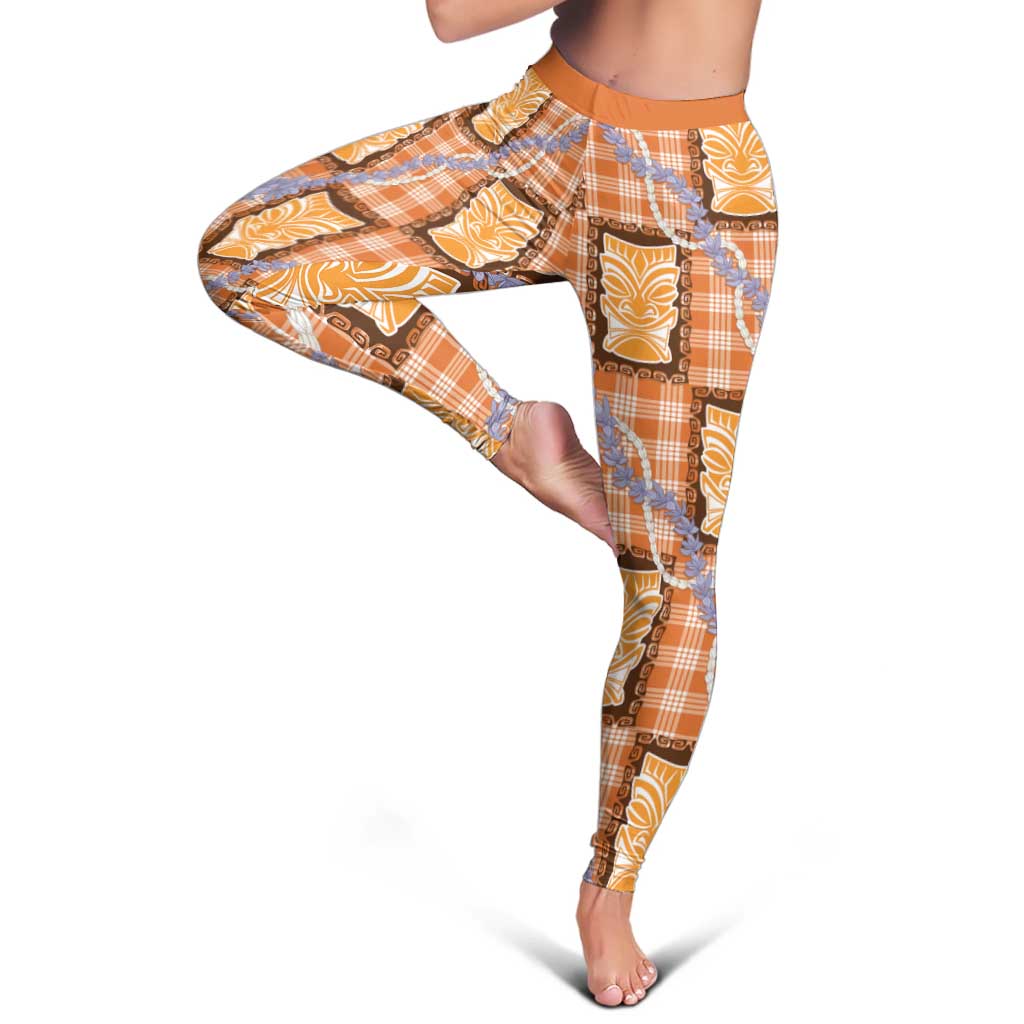 Aloha Hawaii Tiki Palaka Motifs Leggings Honohono Lei Orange Elegant Vibes LT14 - Polynesian Pride