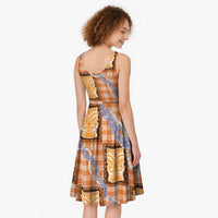 Aloha Hawaii Tiki Palaka Motifs Midi Dress Honohono Lei Orange Elegant Vibes LT14 - Polynesian Pride
