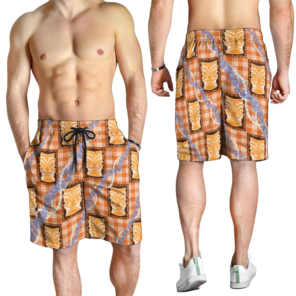 Aloha Hawaii Tiki Palaka Motifs Shorts for Men Honohono Lei Orange Elegant Vibes LT14 - Polynesian Pride