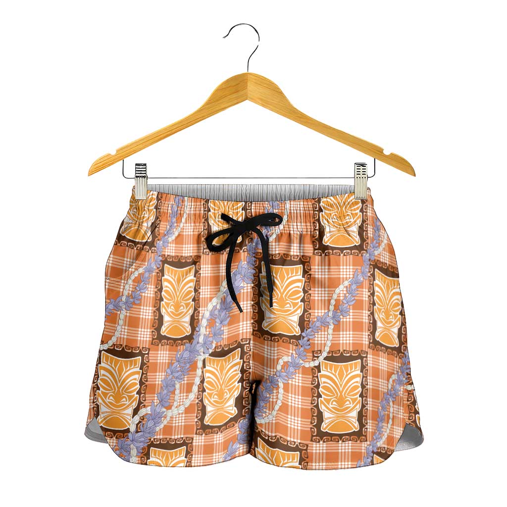 Aloha Hawaii Tiki Palaka Motifs Shorts for Women Honohono Lei Orange Elegant Vibes LT14 - Polynesian Pride