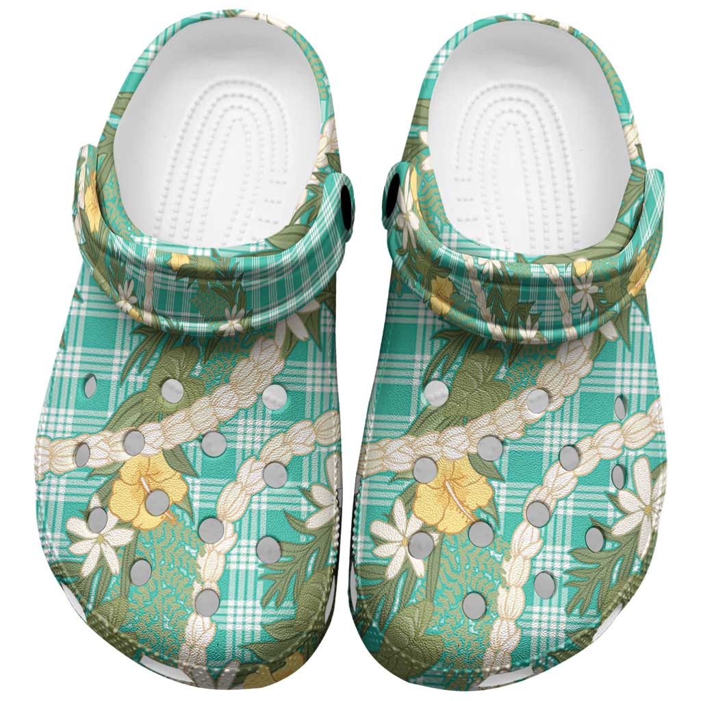 Aloha Puakenikeni Anthurium Pikake Lei Clogs Shoes Marine Hawaiian Palaka Pattern
