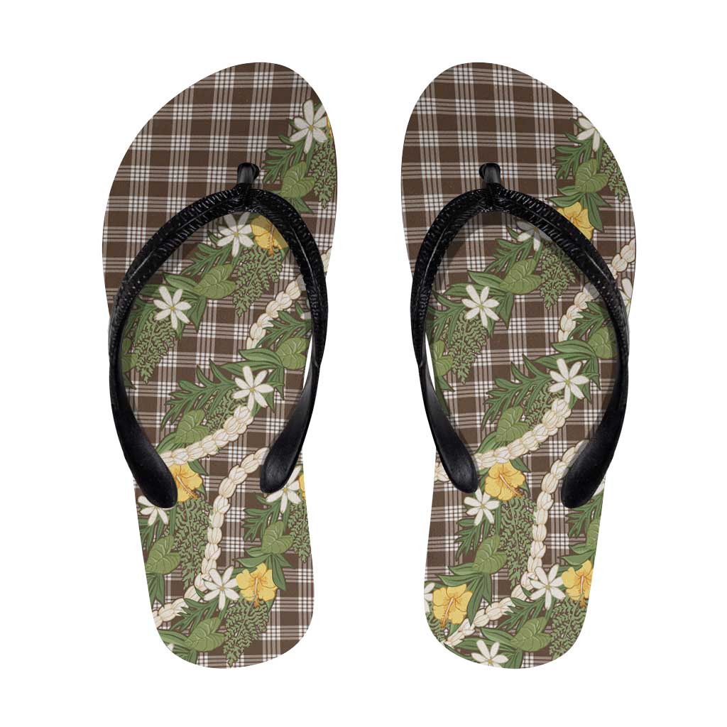 Aloha Puakenikeni Anthurium Pikake Lei Flip Flops Chocolate Hawaiian Palaka Pattern